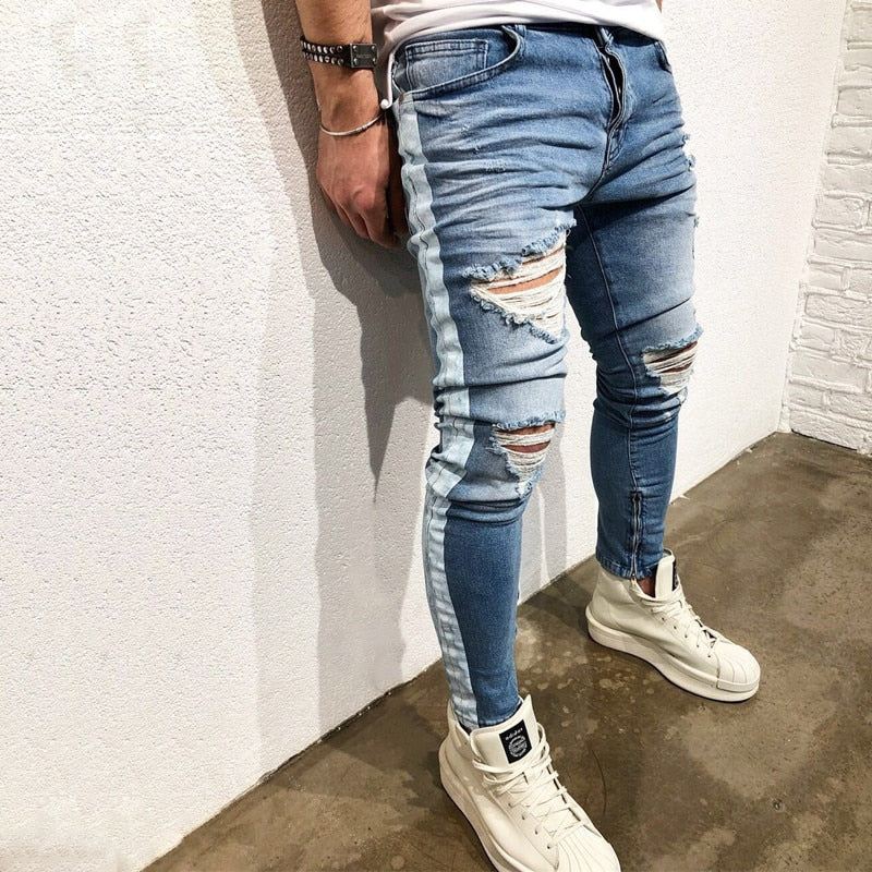 Destroyed Jeans Heren Met Rits Aan De Zijkant Van De Knie