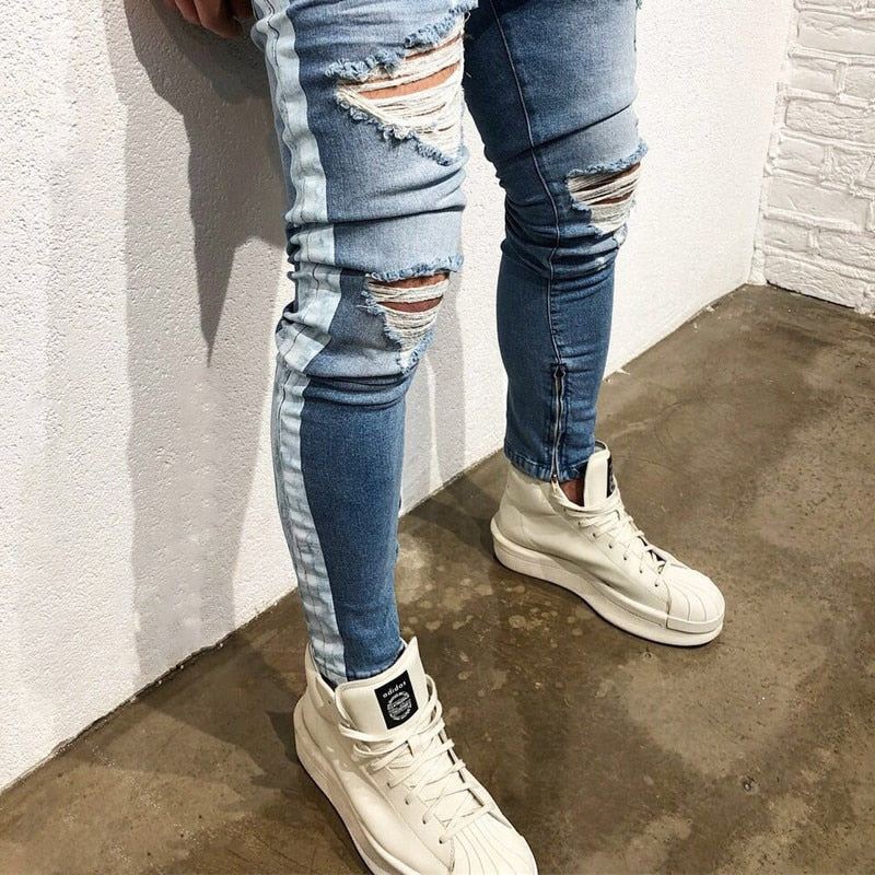 Destroyed Jeans Heren Met Rits Aan De Zijkant Van De Knie