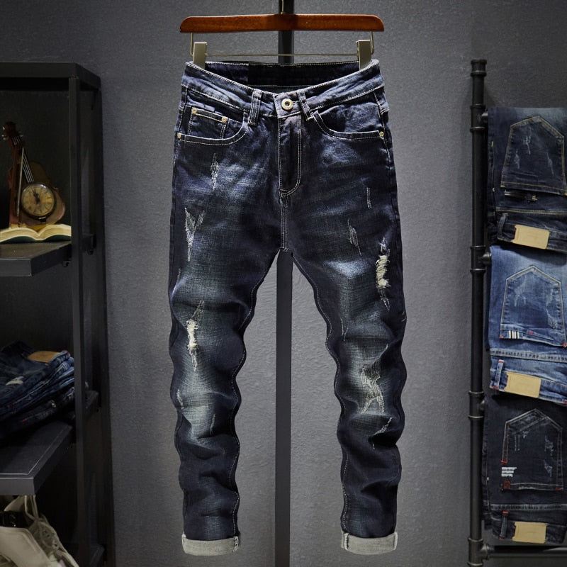 Jeans Heren Donkerblauwe Slim-fit Denimjeans Met Stretch