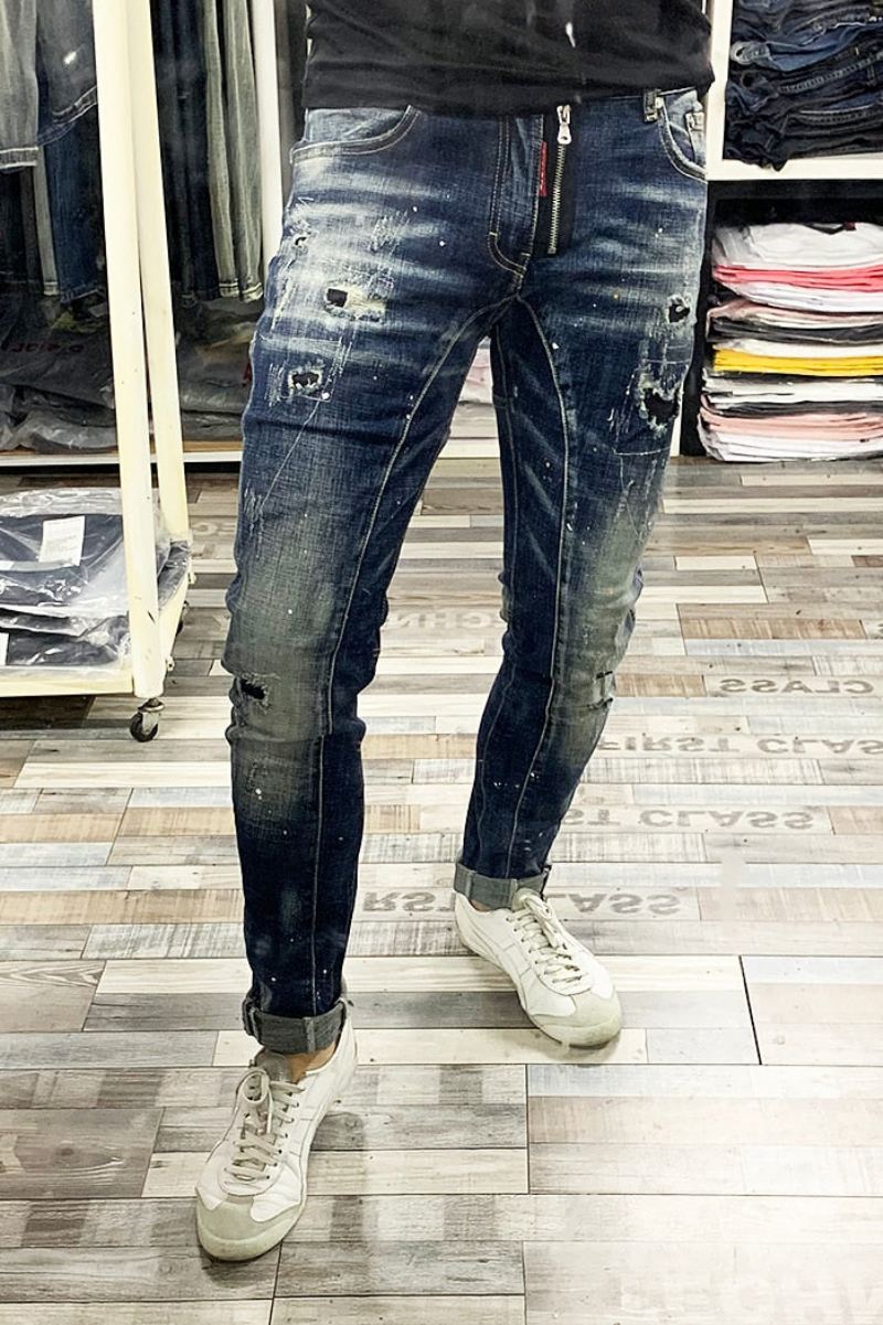 Slim Fit Gesplitste Designer Gescheurde Jeans