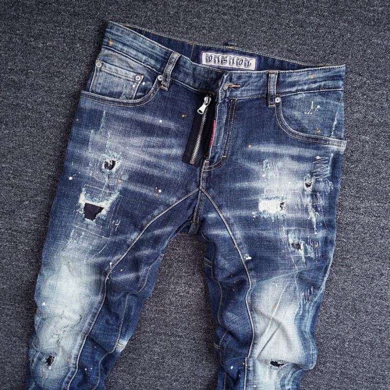 Slim Fit Gesplitste Designer Gescheurde Jeans