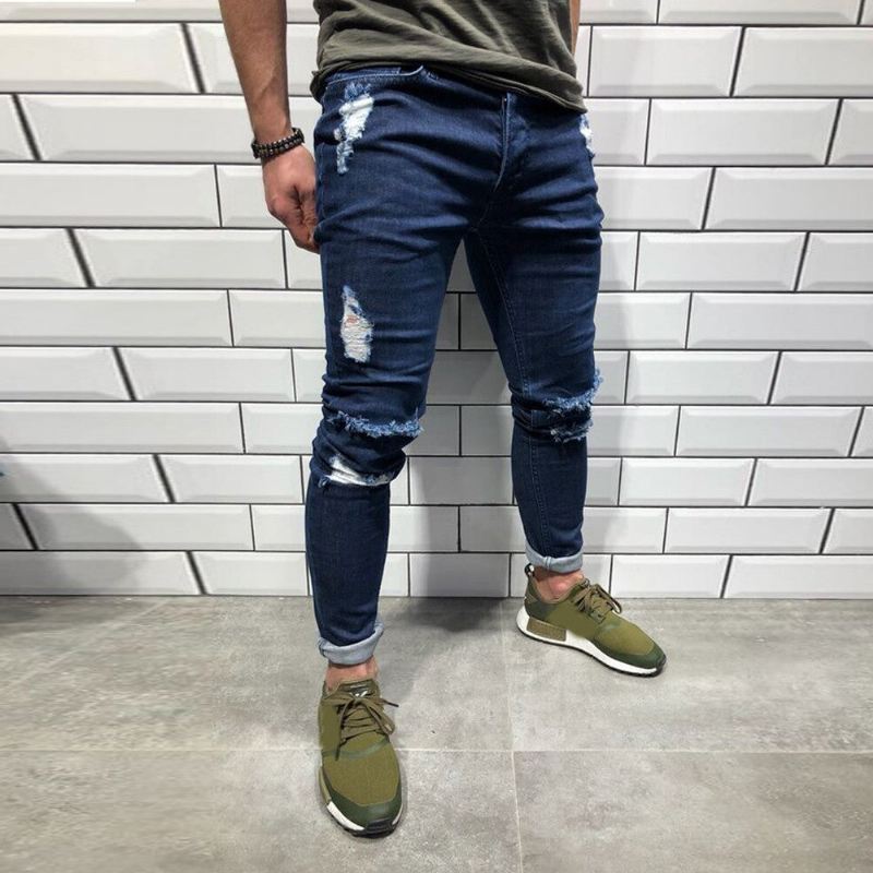 Trend Kniegaten Jeans Heren Met Ritsen