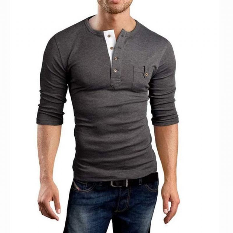 Overhemden Heren Henley T-shirt Met Dubbele V-hals