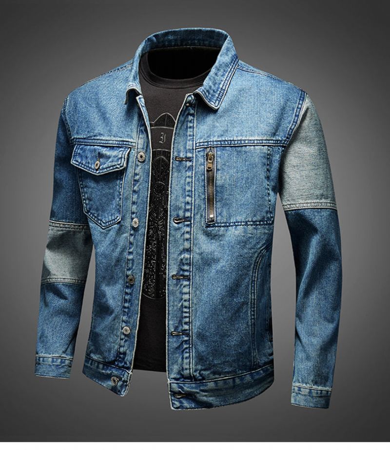 Spijkerjassen Heren Stitching Design Mode Los Contrasterend Denim Jack