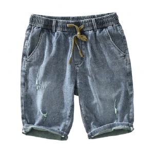 Dunne Trend Elastische Taille Stropdas Rechte Denim Short Korte Broeken Heren