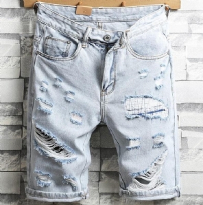 Heren Korte Broeken Britse Stijl Gaten Knielengte Jeans Kort