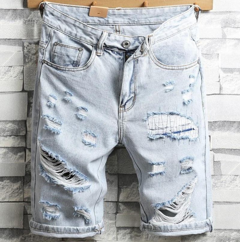 Heren Korte Broeken Britse Stijl Gaten Knielengte Jeans Kort