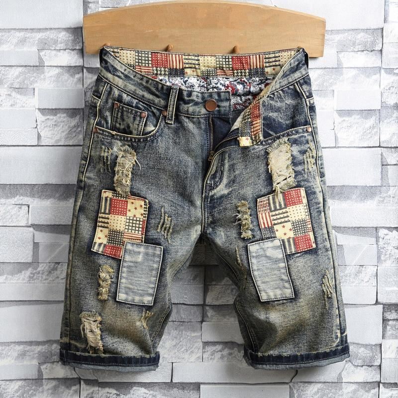 Streetwear Retro Denim Short Met Gescheurde Patch Korte Broeken Heren